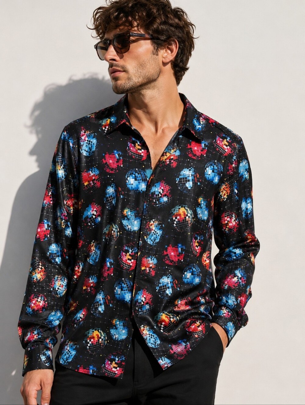 Men's Disco Ball Button-Up Shirt Size M Retro Party Festival Club Long Sleeve